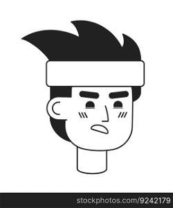 Shocked disgusted headband man monochrome flat linear character head. Disappointed sportsman. Editable outline hand drawn human face icon. 2D cartoon spot vector avatar illustration for animation. Shocked disgusted headband man monochrome flat linear character head