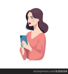 Shocked girl looks into her smartphone. Portrait of a woman who opened her mouth in surprise. Vector flat illustration. shocked girl holding the phone