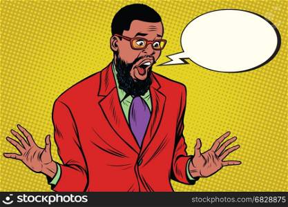 Shocked hipster bearded African American businessman says comic cloud. Pop art retro vector illustration. Shocked hipster bearded African American businessman says comic