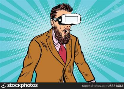 Shocked hipsters in VR glasses. Virtual reality gadget. Pop art retro vector illustration. Shocked hipsters in VR glasses