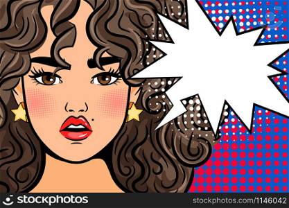 Shocked pop art girl. Surprised cartoon beautiful woman retro poster with text box, open mouth and spotted background vector illustration. Shocked pop art girl