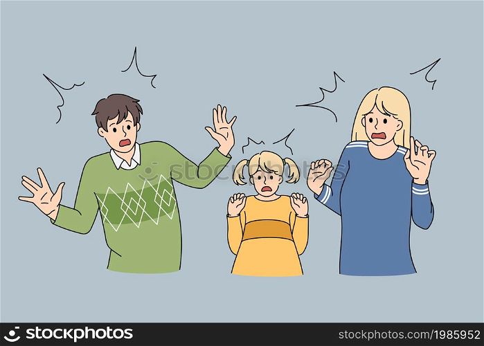 Shocked scared family with daughter feel terrified by unexpected unpleasant news. Unhappy parents with small girl child have fear feel terrified frightened. Panic attack. Flat vector illustration. . Scared family with kid feel terrified by unexpected issue