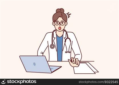 Shocked woman doctor is surprised to see rare disease, sits at table with laptop. Girl doctor with stethoscope, opening mouth looks at screen after learning about symptoms of mysterious disease. Shocked woman doctor is surprised to see rare disease, sits at table with laptop