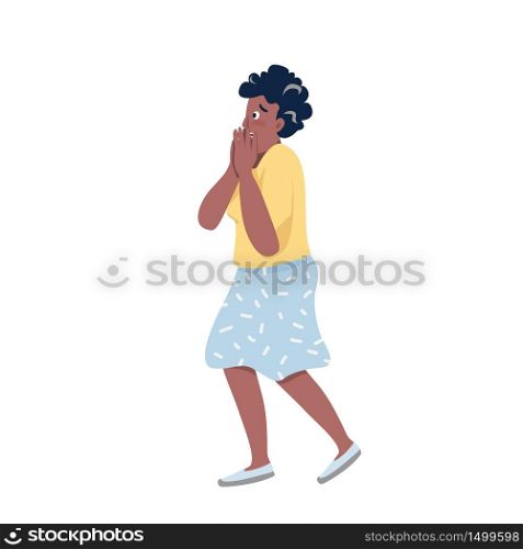 Shocked woman flat color vector detailed character. Stunned african american lady isolated cartoon illustration for web graphic design and animation. Panic attack, shock, emotional reaction. Shocked woman flat color vector detailed character