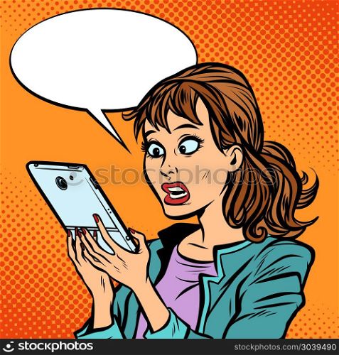 Shocked woman reading a smartphone. Shocked woman reading a smartphone. Comic cartoon pop art retro vector illustration drawing. Shocked woman reading a smartphone