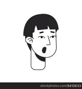 Shocked young man monochrome flat linear character head. Teenager with short haircut. Editable outline hand drawn human face icon. 2D cartoon spot vector avatar illustration for animation. Shocked young man monochrome flat linear character head