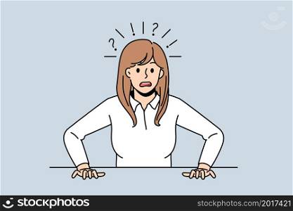 Shocked young woman feel stunned frightened by unbelievable news or message. Terrified female surprised amazed by bad negative accident. Shock and fear. Frustration. Vector illustration.. Amazed woman feel shocked with unexpected message
