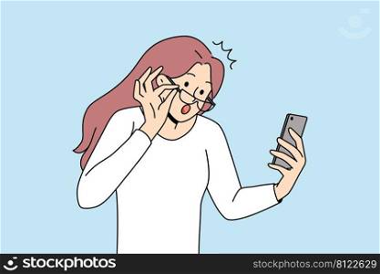 Shocked young woman take off glasses look at cellphone screen shocked by unexpected news online. Amazed girl surprised with message or text on smartphone. Flat vector illustration. . Shocked woman surprised by text on cellphone 
