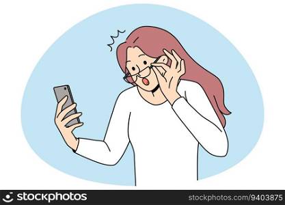 Shocked young woman take off glasses look at cellphone screen shocked by unexpected news online. Amazed girl surprised with message or text on smartphone. Flat vector illustration.. Shocked woman surprised by text on cellphone