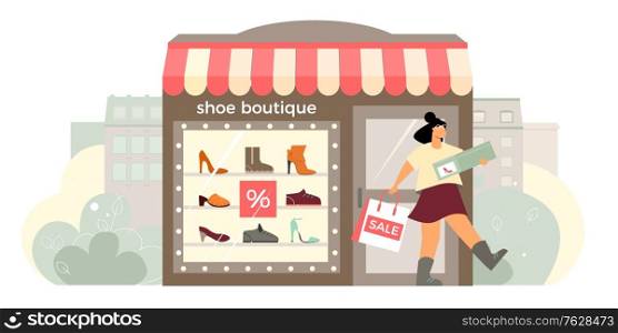 Shoe boutique facade flat composition with shop window display happy customer exits store with shoebox vector illustration