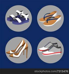 Shoe collection, summer mode, poster with circles images of footwear, flip-flops and sneakers, set of woman items, isolated on vector illustration. Shoe Collection Summer Mode Vector Illustration