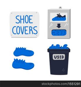 Shoe covers. Shoe covers station, wall sign, dispenser box and container for used. Hospital equipment. Simple flat style vector illustration. Shoe covers. Shoe covers station, wall sign, dispenser box and container for used. Hospital equipment. Simple flat style vector illustration.