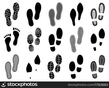 Shoe footprints. Soles prints marks, barefoot, boots and sports sneakers, human traces impression, men and women shoes black stamps. People walking steps texture. Vector isolated silhouettes set. Shoe footprints. Soles prints marks, barefoot, boots and sports sneakers, human traces impression, men and women shoes black stamps. People steps texture. Vector isolated silhouettes set