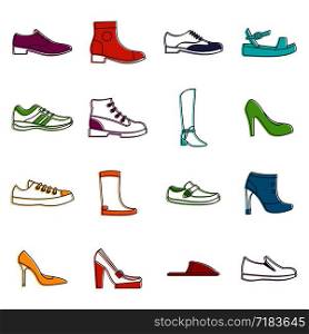 Shoe icons set. Doodle illustration of vector icons isolated on white background for any web design. Shoe icons doodle set