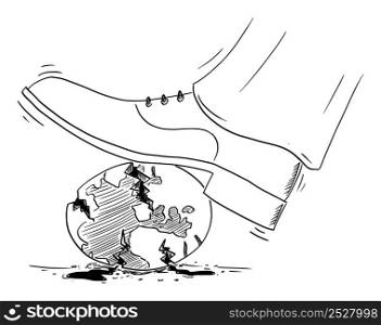 Shoe of businessman destroying and crushing planet Earth, vector cartoon illustration.. Shoe of Businessman Crushing Planet Earth , Vector Cartoon Illustration