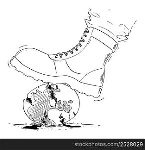 Shoe of soldier destroying and crushing planet Earth, vector cartoon illustration.. Boot of Soldier Crushing Planet Earth , Vector Cartoon Illustration