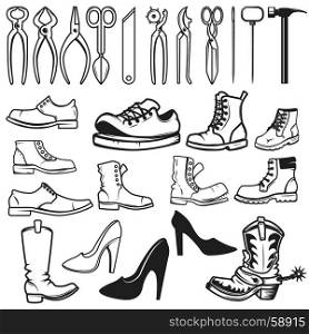 Shoe repair design elements. Tools for shoe repair. Shoes. Vector illustration