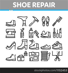 Shoe Repair Equipment Collection Icons Set Vector Thin Line. Shoes Repair Tools And Scissors, Sewing Machine And Hammer, Cream And Brush Concept Linear Pictograms. Monochrome Contour Illustrations. Shoe Repair Equipment Collection Icons Set Vector