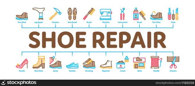 Shoe Repair Equipment Minimal Infographic Web Banner Vector. Shoes Repair Tools And Scissors, Sewing Machine And Hammer, Cream And Brush Concept Illustrations. Shoe Repair Equipment Minimal Infographic Banner Vector