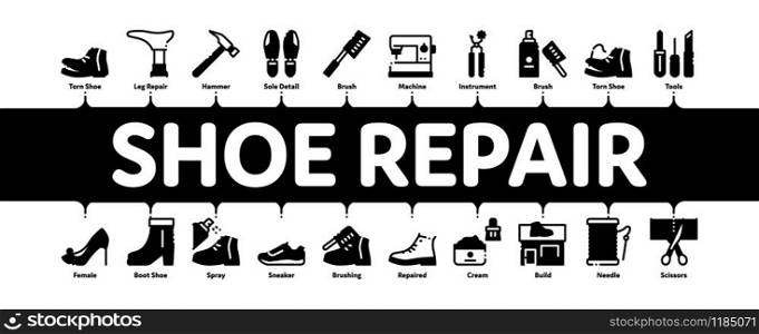 Shoe Repair Equipment Minimal Infographic Web Banner Vector. Shoes Repair Tools And Scissors, Sewing Machine And Hammer, Cream And Brush Concept Illustrations. Shoe Repair Equipment Minimal Infographic Banner Vector