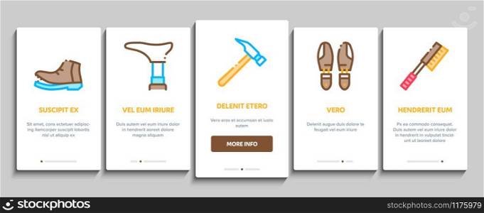 Shoe Repair Equipment Onboarding Mobile App Page Screen Vector. Shoes Repair Tools And Scissors, Sewing Machine And Hammer, Cream And Brush Concept Linear Pictograms. Color Contour Illustrations. Shoe Repair Equipment Onboarding Elements Icons Set Vector