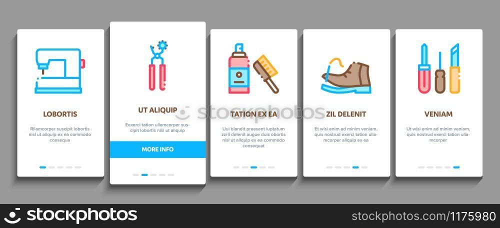 Shoe Repair Equipment Onboarding Mobile App Page Screen Vector. Shoes Repair Tools And Scissors, Sewing Machine And Hammer, Cream And Brush Concept Linear Pictograms. Color Contour Illustrations. Shoe Repair Equipment Onboarding Elements Icons Set Vector