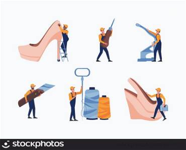 Shoe repair. Master holding shoes workshop tools polish pump hammer garish vector flat pictures peoples masters. Shoes service and shoemaker illustration. Shoe repair. Master holding shoes workshop tools polish pump hammer garish vector flat pictures peoples masters
