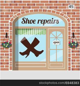 shoe repairs service. Shoe repairs.Red brick building facade. Vector illustration
