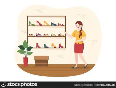 Shoe Store with New Collection Men or Women Various Models or Colors of Sneakers and High Heels in Flat Cartoon Hand Drawn Templates Illustration