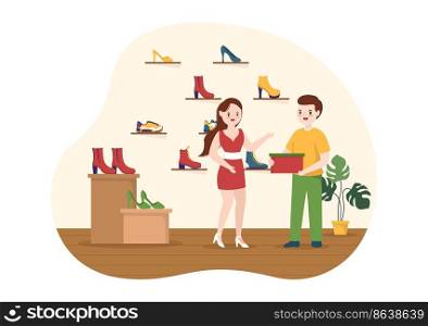 Shoe Store with New Collection Men or Women Various Models or Colors of Sneakers and High Heels in Flat Cartoon Hand Drawn Templates Illustration