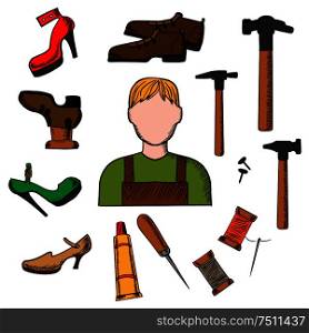 Shoemaker profession concept with icons of shoemaker with awl, heels, hammer tool, glue, nails and shoes. Shoemaker with tools and shoes