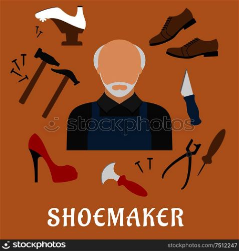 Shoemaker profession flat icons with mature man in apron, surrounded by shoes, hammers, tacks, awl, shoemaker knives, lasting pliers and wooden last isolated on background. Shoemaker with shoes and tools, flat icons