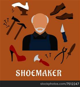 Shoemaker profession flat icons with mature man in apron, surrounded by shoes, hammers, tacks, awl, shoemaker knives, lasting pliers and wooden last isolated on background. Shoemaker with shoes and tools, flat icons