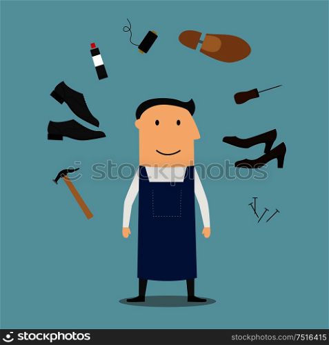 Shoemaker profession icons with man in apron, surrounded by awl and heels, hammer tool and glue, nails and shoes. Shoemaker with tools and shoes