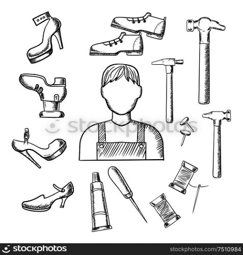 Shoemaker profession sketched icons depicting shoemaker with awl, heels, hammer, glue, nails and shoes. Shoemaker profession and tools sketch icons