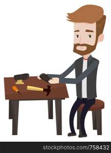 Shoemaker working with a shoe in workshop. Hipster shoemaker repairing a shoe in workshop. Shoemaker making handmade shoes in workshop. Vector flat design illustration isolated on white background.. Shoemaker making handmade shoes in workshop.