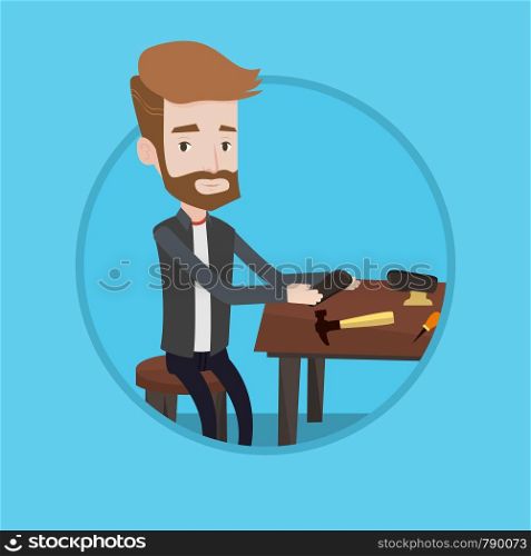 Shoemaker working with a shoe in workshop. Shoemaker repairing a shoe in workshop. Shoemaker making handmade shoes at workshop. Vector flat design illustration in the circle isolated on background.. Shoemaker making handmade shoes in workshop.