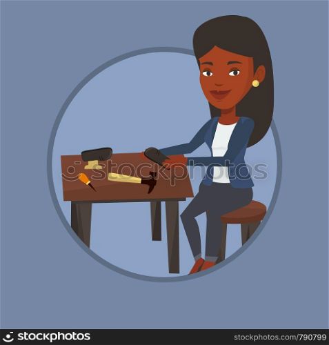 Shoemaker working with a shoe in workshop. Shoemaker repairing a shoe in workshop. Shoemaker making handmade shoes in workshop. Vector flat design illustration in the circle isolated on background.. Shoemaker making handmade shoes in workshop.