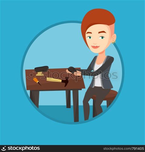 Shoemaker working with a shoe in workshop. Shoemaker repairing a shoe in workshop. Shoemaker making handmade shoes in workshop. Vector flat design illustration in the circle isolated on background.. Shoemaker making handmade shoes in workshop.