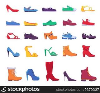 Shoes and boots. Summer and autumn fashion footwear for man or woman. Casual and formal leather shoe, sneakers and pumps, flat vector set. Illustration cartoon sneakers and woman trainers. Shoes and boots. Summer and autumn fashion footwear for man or woman. Casual and formal leather shoe, sneakers and pumps, flat vector set
