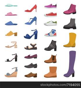Shoes and boots. Various types footwear, mens, womens and childrens trendy casual, stylish elegant and formal shoe accessory cartoon vector set. Shoes and boots. Various types footwear, mens, womens and childrens trendy casual, stylish elegant and formal shoes cartoon vector set