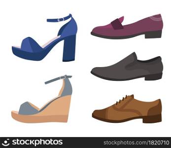 Shoes and boots. Various types of mens or womens footwear. Side view of isolated trendy casual sandals with high heels or wedges. Stylish footgear. Elegant and formal loafers. Vector foot clothes set. Shoes and boots. Various types of mens or womens footwear. Side view of casual sandals with high heels or wedges. Stylish footgear. Elegant and formal loafers. Vector foot clothes set