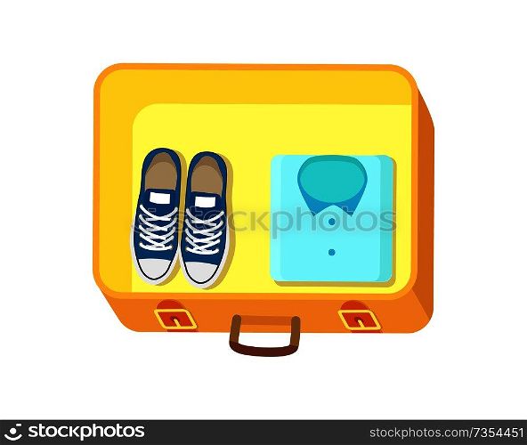 Shoes and shirt placed on yellow luggage above, baggage with handle, preparation for journey vector illustration set isolated on white background. Shoes and Shirt on Luggage Vector Illustration