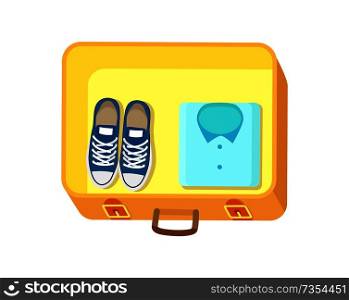 Shoes and shirt placed on yellow luggage above, baggage with handle, preparation for journey vector illustration set isolated on white background. Shoes and Shirt on Luggage Vector Illustration