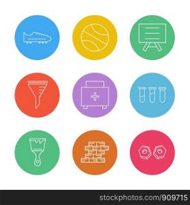 Shoes , basketball , board , beaker , firstaid box , testtube , brush , bricks , nuts ,icon, vector, design, flat, collection, style, creative, icons