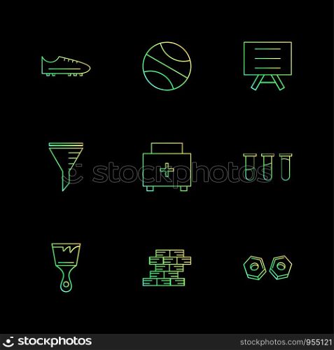 Shoes , basketball , board , beaker , firstaid box , testtube , brush , bricks , nuts ,icon, vector, design, flat, collection, style, creative, icons