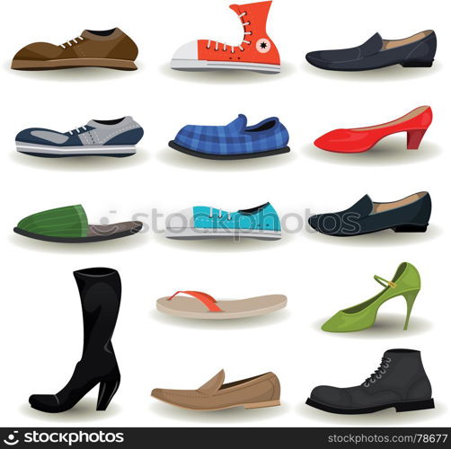 Shoes, Boots, Sneakers And Footwear Set. Illustration of a set of cartoon men and women shoes, boots, sandals, moccasin, sports sneakers and other footwear