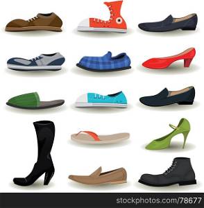 Shoes, Boots, Sneakers And Footwear Set. Illustration of a set of cartoon men and women shoes, boots, sandals, moccasin, sports sneakers and other footwear
