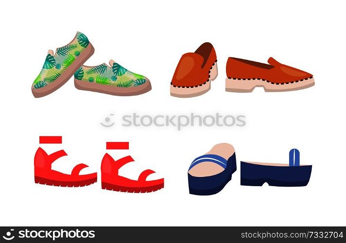 Shoes collection summer mode, set of footwear for women, summer mode with sandals and paris of shoes, vector illustration isolated on white background. Shoes Collection Summer Mode Vector Illustration