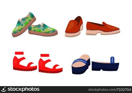 Shoes collection summer mode, set of footwear for women, summer mode with sandals and paris of shoes, vector illustration isolated on white background. Shoes Collection Summer Mode Vector Illustration